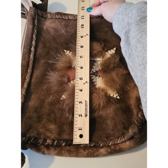 Desmo Native American Style Suede Whipstitch Hobo Bag with Fur - Picture 6 of 11